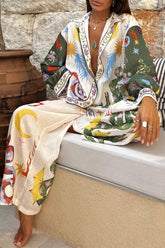 Casual Vintage Geometric Print Patchwork Turndown Collar Long Sleeve Two Pieces