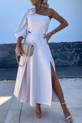 Celebrities Elegant Solid Slit Asymmetrical Flowers Oblique Collar A Line Dresses(4 Colors)