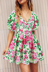 Sexy Vacation Floral Frenulum Contrast V Neck A Line Dresses