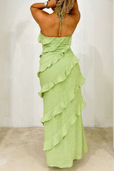 Sexy Solid Frenulum Backless Flounce U Neck One Step Skirt Dresses