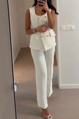 Celebrities Elegant Solid Buttons U Neck Sleeveless Two Pieces