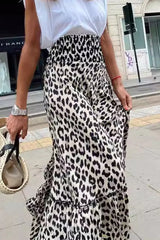 Elegant College Print Leopard Flounce Loose High Waist Type A Full Print Bottoms