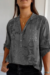 Floral Pocket Contrast Mandarin Collar Tops