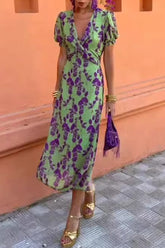 Sexy Floral Print Lace Up Ruched V Neck A Line Dresses