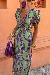 Sexy Floral Print Lace Up Ruched V Neck A Line Dresses