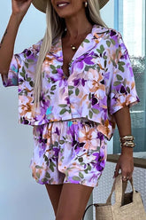 Casual Street Floral Print Patchwork Turndown Collar Short Sleeve Two Pieces