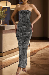 Celebrities Backless Slit Hot Drill Patchwork Strapless Long Dresses