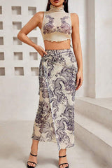 Celebrities Print Ruched Strap Design Patchwork Turtleneck Sleeveless Two Pieces