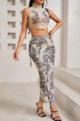 Celebrities Print Ruched Strap Design Patchwork Turtleneck Sleeveless Two Pieces