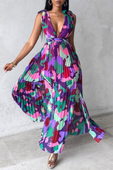 Sexy Print Lace Up Backless Deep V Neck Long Dresses