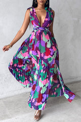 Sexy Print Lace Up Backless Deep V Neck Long Dresses