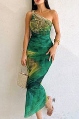 Celebrities Print Backless Patchwork Oblique Collar Long Dresses