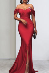Celebrities Solid Color Backless High Slit Zipper Patchwork Off Shoulder Long Dresses(3 Colors)
