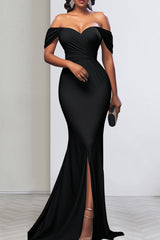 Celebrities Solid Color Backless High Slit Zipper Patchwork Off Shoulder Long Dresses(3 Colors)