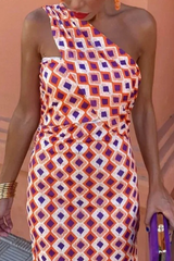 Sexy Celebrities Geometric Print Irregular Contrast Oblique Collar Sleeveless Dresses