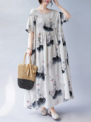 Pleated Printed Split-Joint Loose Short Sleeves Round-neck Midi Dresses