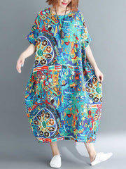 Stylish Asymmetric Printed Round-Neck Loose Batwing Sleeve Midi Dress
