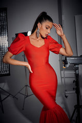 Puff Sleeve Fishtail Dress