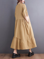 Simple Half Sleeves Loose Solid Color Lapel Collar Midi Dresses