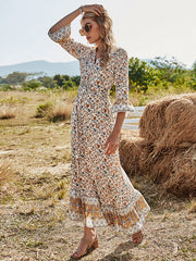 Vacation Flared Sleeves Buckle V-Neck Maxi Dress