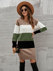 Casual Long Sleeves Contrast Color Round-Neck Sweater Dresses