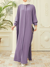 Buttoned Muslim Solid Color Split-Side Batwing Sleeves Loose Round-Neck Muslim Abaya Maxi Dresses