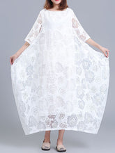 Flower Print See-Through Solid Color A-Line Half Sleeves Round-Neck Midi Dresses