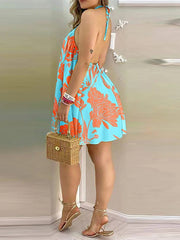 Contrast Color Floral Printed Loose Sleeveless Halter-Neck Mini Dresses