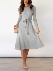Solid Color Tied Waist High Waisted Long Sleeves Round-Neck Sweater Dresses Midi Dresses