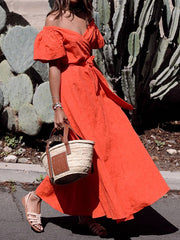 Split-Front Puff Sleeves Maxi Dress