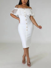 Off Shoulder Mesh Pearl Button Dress