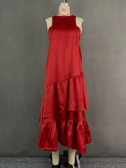 A-Line Loose Double Layered Pleated Solid Color Split-Joint Zipper Cold Shoulder Midi Dresses