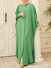 Buttoned Muslim Solid Color Split-Side Batwing Sleeves Loose Round-Neck Muslim Abaya Maxi Dresses