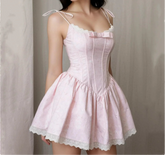 Tie Up Bow Lace Trim Flare Mini Dress