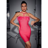 Halter Feathers Off Shoulder Bandage Dress