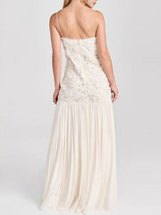 3D Flower Pleated Splicing Sleevless Spaghetti-Neck Elegant Maxi Dresses