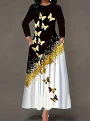 Butterfly Print Pockets A-Line Long Sleeves Round-Neck Maxi Dresses