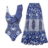 Asymmetrical Ruffle Printed One Piece Swimsuit and Skirt Flaxmaker(Shipped on Dec 29th)