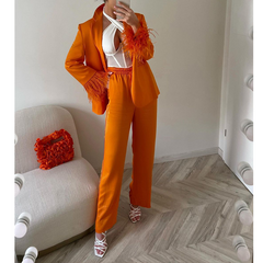 Feather Solid Color Blazer Two Piece Set