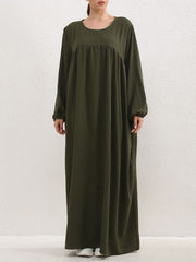 Pleated Solid Color Split-Joint Long Sleeves Loose Round-Neck Maxi Dresses