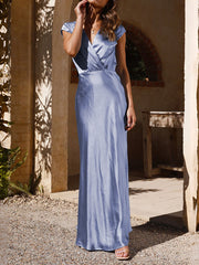 Pleated Solid Color Split-Joint Loose Short Sleeves V-Neck Maxi Dresses