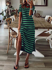 Printed Split-Side Striped A-Line Loose V-Neck Midi Dresses