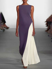 Loose Sleeveless Contrast Color Round-Neck Maxi Dresses