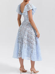 Flower Lace Ruffled Sleeves Elegant Maxi Dresses