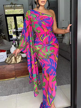 Asymmetric Pleated Printed Bodycon Sleeveless One-Shoulder Maxi Dresses