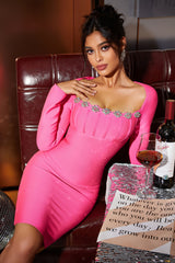 Squared Neck Rhinestone Pink Bandage Dress