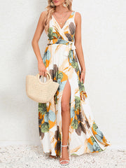 Flower Print Pleated Split-Front Tied Waist A-Line Loose V-Neck Maxi Dresses