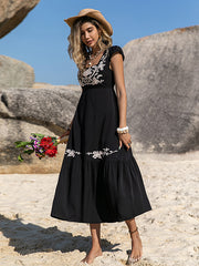 Bohemia A-Line Loose Embroidered U-Neck Midi Dresses