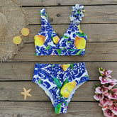 3D Flower Lemon Printed Bikini Swimsuit and Sarong Flaxmaker