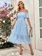 Vacation Short Sleeves A-Line Solid Color One-Shoulder Midi Dress